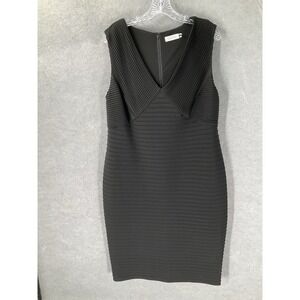 Calvin Klein Dress Women Sz 14 Black Ribbed Texture Sheath Stretch‎ V-Neck